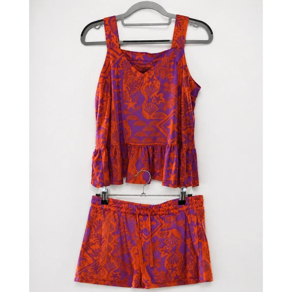 Cuddl Duds 2 Piece Coastal Print Peplum Tank Top Shorts Set Size Small
